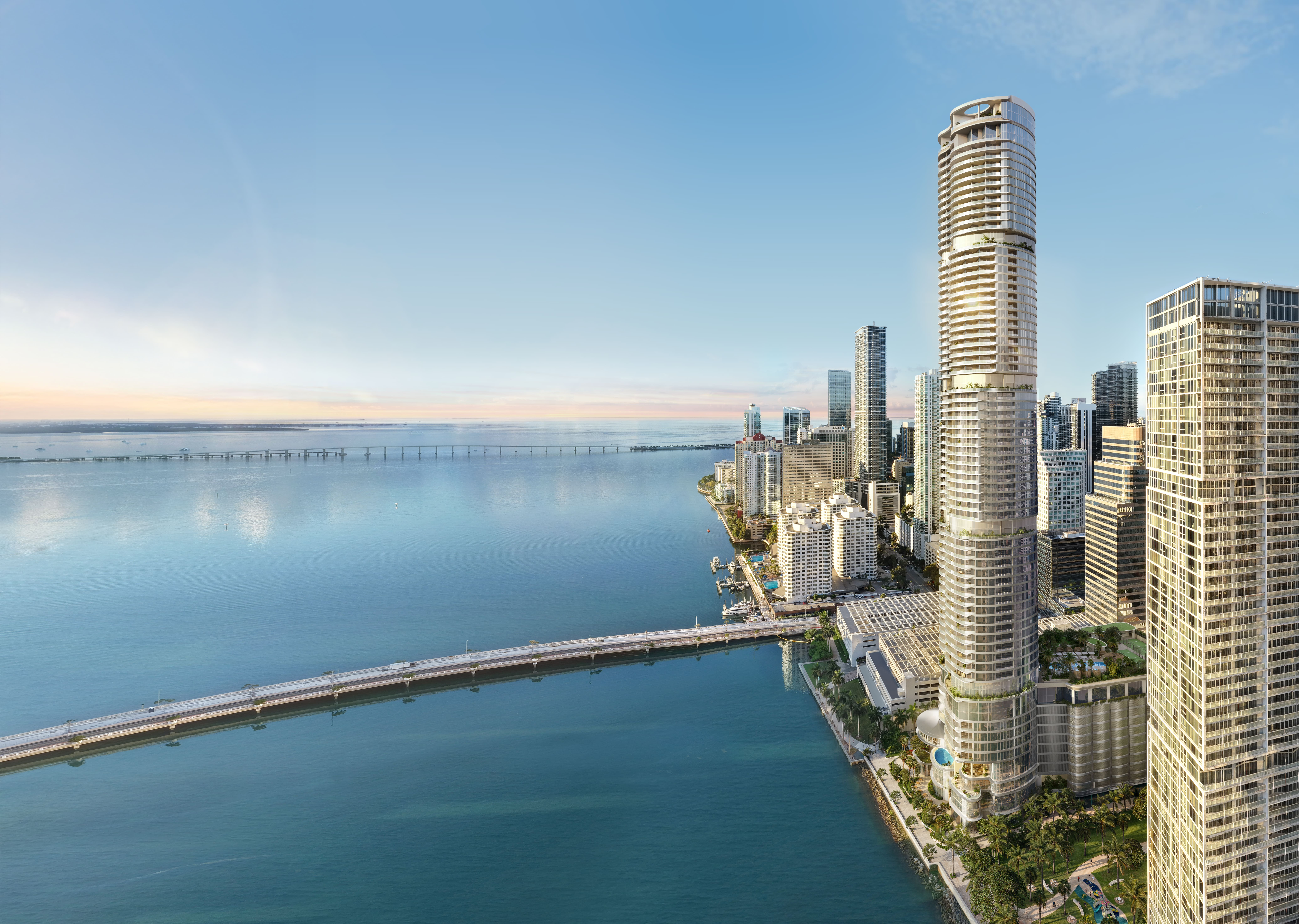Nobu Residences Brickell, vista aérea de la torre frente a la bahía de Miami